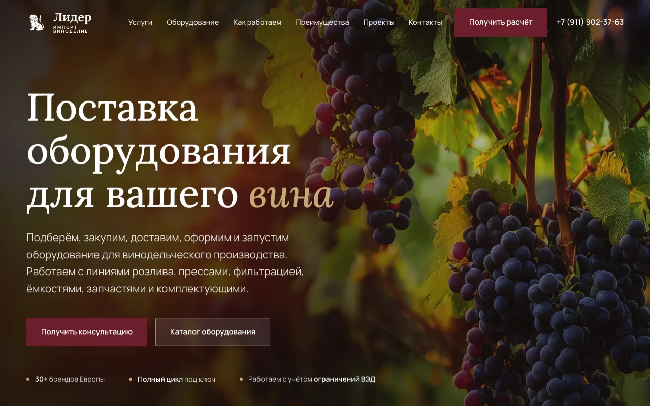 Первый экран сайта «Лидер Вино»